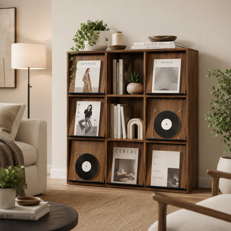 Armoire de rangement moderne pour dossiers avec organisateur à 9 cubes et portes de présentation rabattables