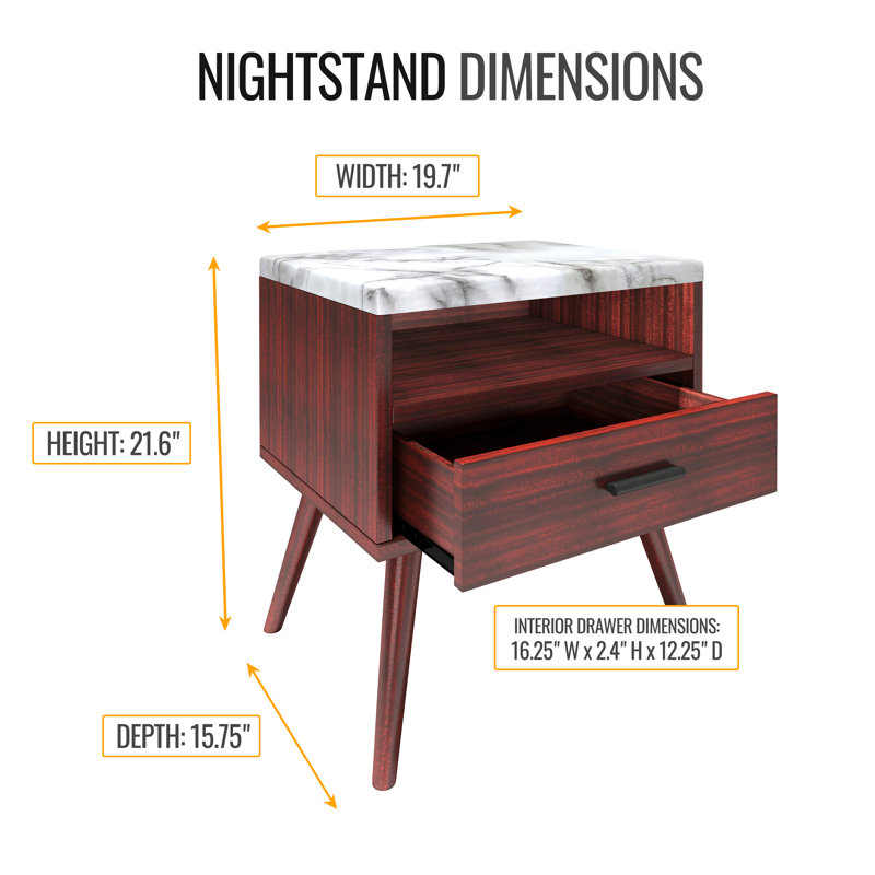 Marcello Mid Century Faux Marble Top Low-Profile Nightstand, Cherry