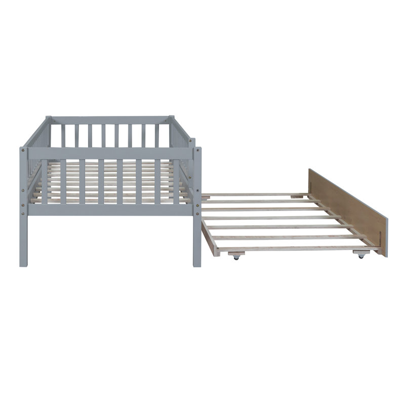 Wood Daybed With Trundle And Fence Guardrails, Gray, Twin
