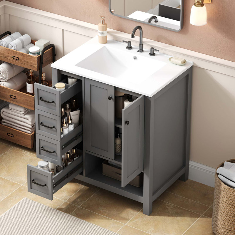 Meuble-lavabo moderne avec lavabo intégré et grand espace de rangement, Gris