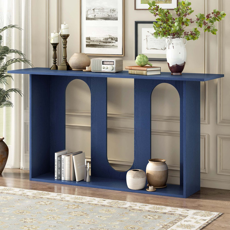Modern And Curved Design Ash Veneer Console Table With Shelf, Navy Blue