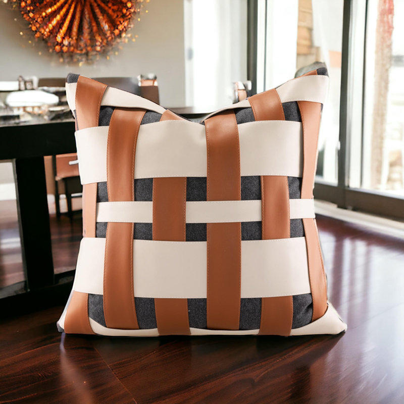 Housse de coussin réversible en faux cuir Patchwork
