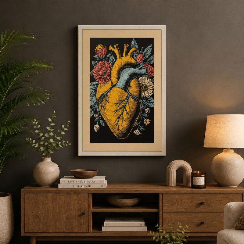 Golden Heart in Bloom Botanical - Wrapped Canvas, 24x16 - 61.0 x 40.6 cm, Terracotta Border