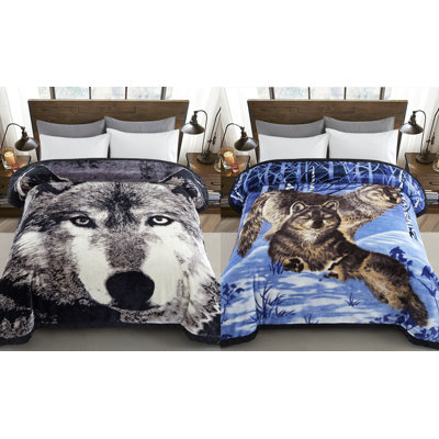 Marina Decoration Reversible 8 LB Oversized Heavy Woven Fluffy Plush Soft Warm Korean Style Mink 2 Ply Rich Printed Animal Flannel Fleece Throw Raschel Blanket, 78 x 86 Inch Wolf Pattern
