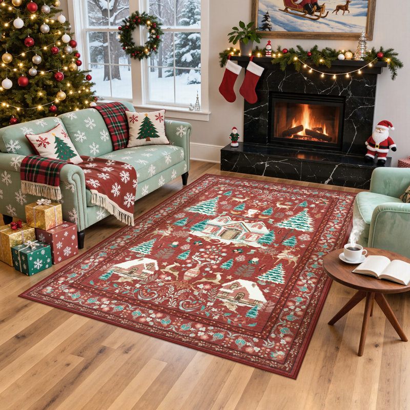 Tapis de jardin de Noël en velours perlé rétro pour le salon, la chambre à coucher ou le vestibule, Rectangle 6 pi x 9 pi