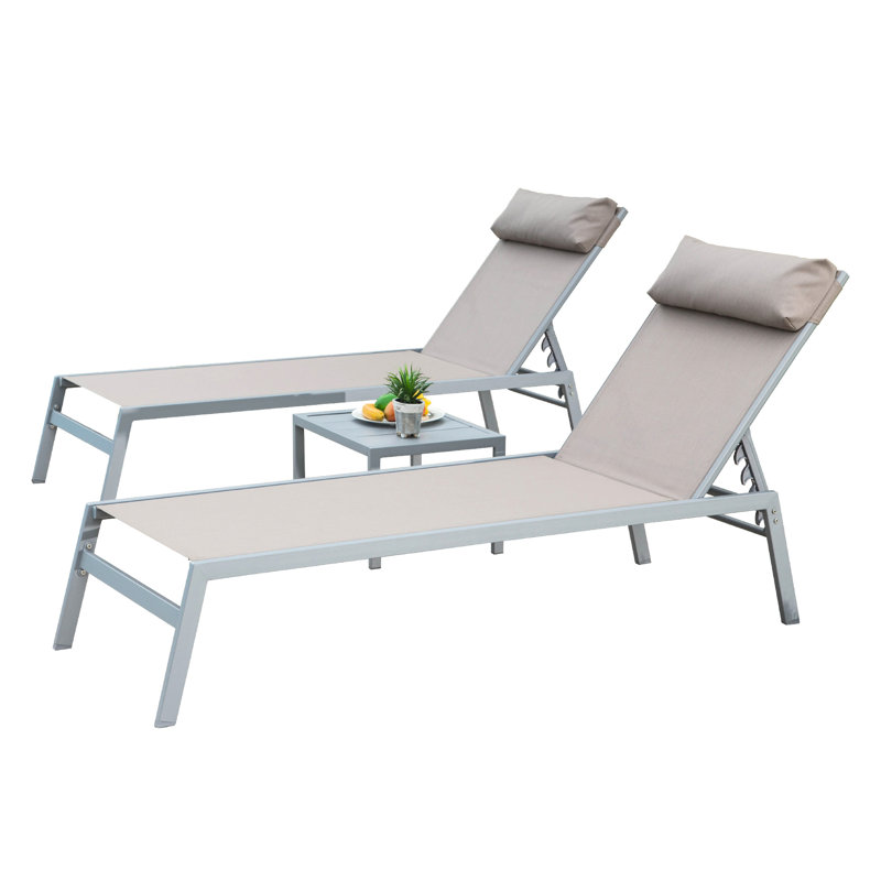 3 chaises de patio - aluminium, tissu, 5 positions réglables, piscine, jardin, chaise longue kaki pour 3 personnes, réglables, terrasse, balcon, cour
