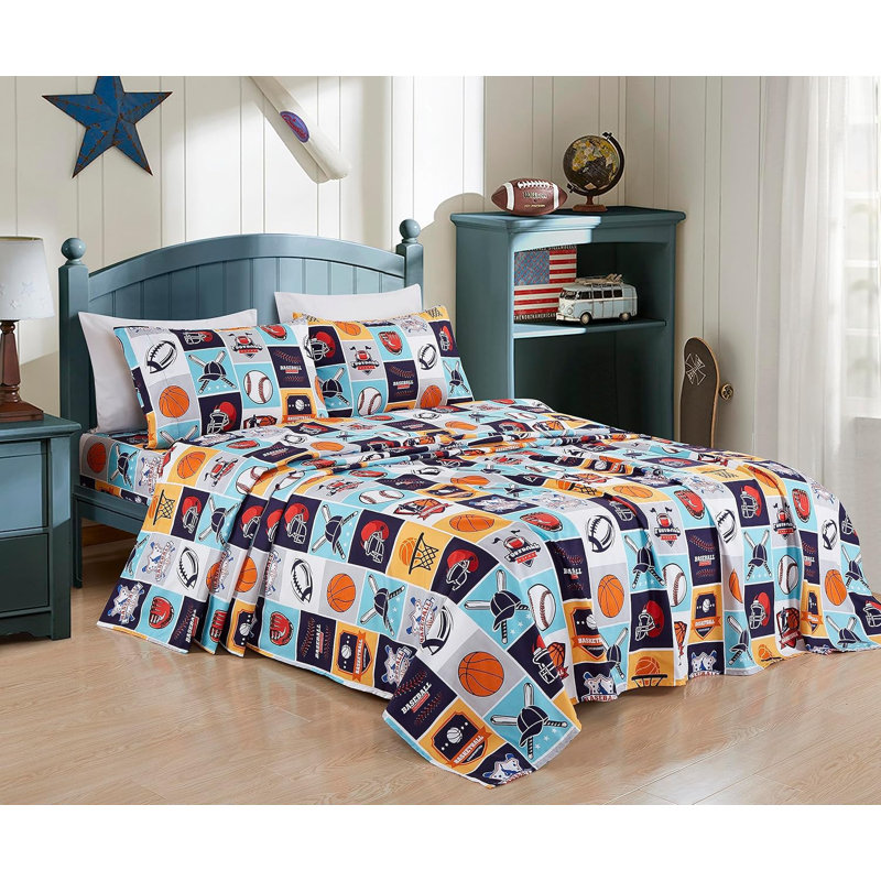 Twin White and Multicolor Sports Print Microfiber Sheet Set