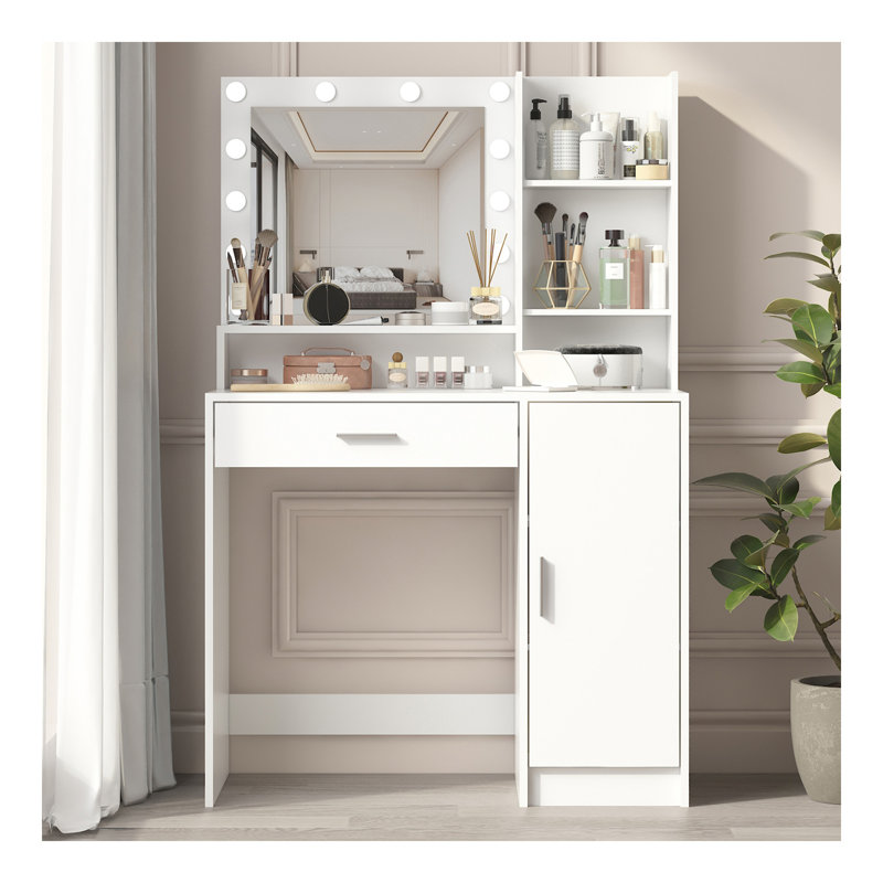 Vanity Desk With Mirror & Light, Large Drawer Three Level Storage Dresser, 3 Lighting Modes Adjustable Brightness, Bedroom Dressing Table(White)