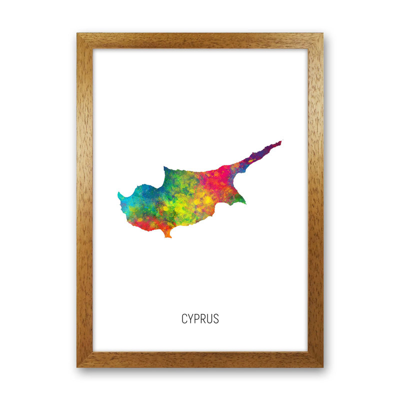 Cyprus Cyprus Watercolour Map by Michael Tompsett - Print, Brown Framed, 88cm H x 64cm W x 3cm D