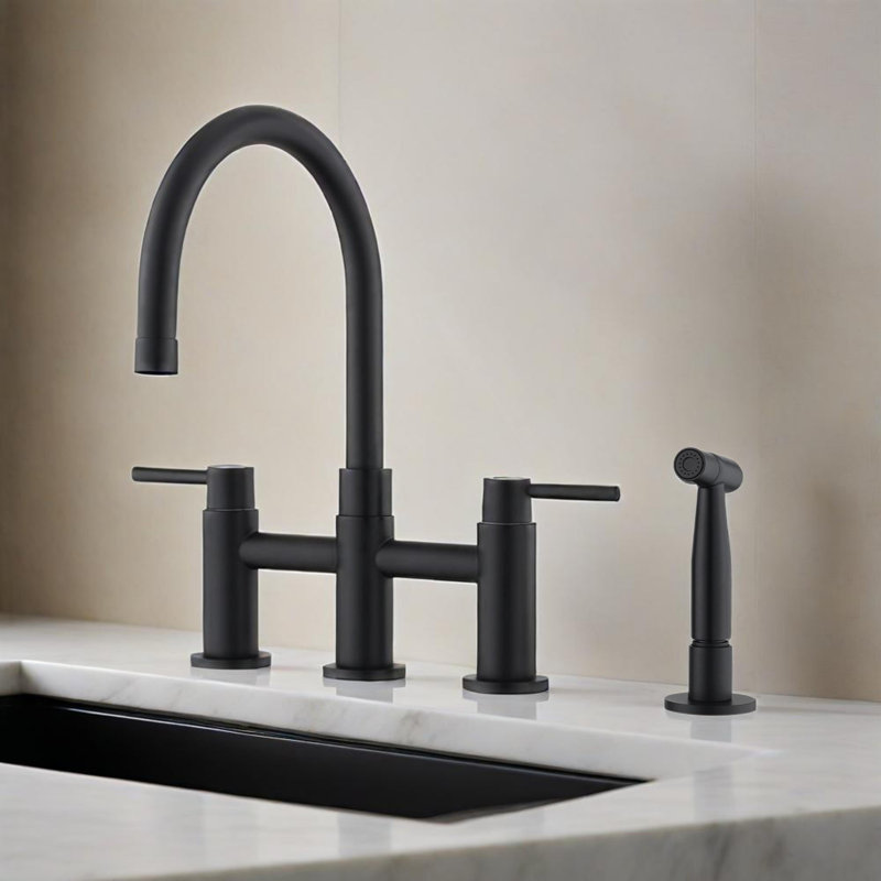 Double Handle Bridge Kitchen Faucet With Side Spray, Matte Black