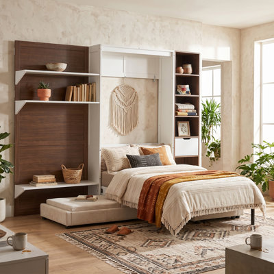Twin Murphy Bed with Storage Cabinet, Open Shelves & USB Port, Sofa Front, Mountain Print Panel, Space-Saving Wall Bed, White