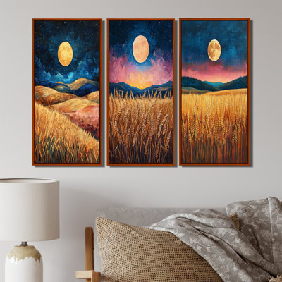 Jaune et bleu, paysage de ferme, récolte de lune I - Collection d'art mural maison de campagne 3 panneaux