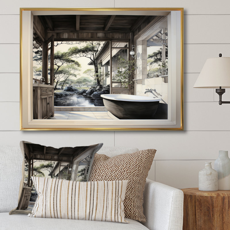 Salle de bain contemporaine Zen III - imprimé, H 34 po x l 44 po x P 1,5 po, Cadre flottant doré