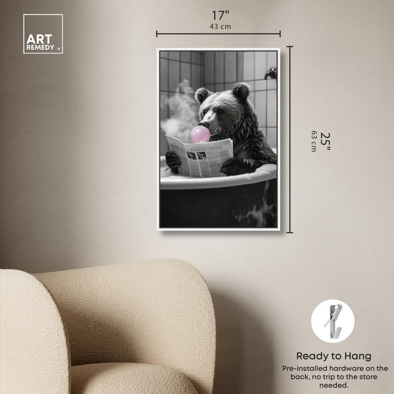 Ours de bain fumant Art Remedy, H 25 po x l 17 po, White Floater Framed
