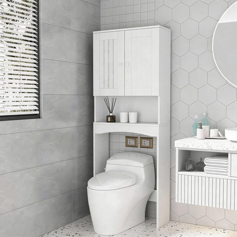 Armoire de rangement au-dessus de la toilette avec portes - Organisateur de salle de bain autoportant pour rangement au-dessus de la toilette, blanc