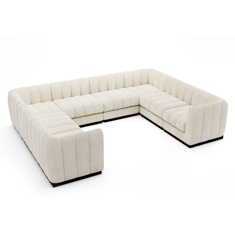 Myrhn Modular Sectional, U-Shaped Contemporary Sleeper Bed with Solid Wood Base, Beige Chenille