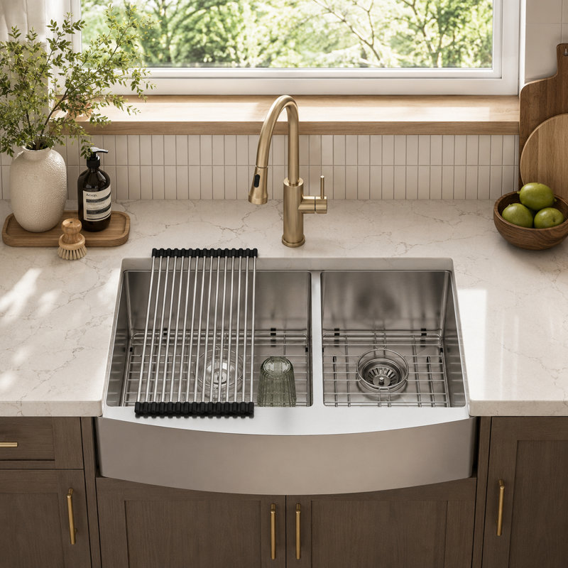 Évier de cuisine à double cuve à tablier frontal L 33 po x l 20 po en acier inoxydable T304 de calibre 16 avec grille de séchage à enroulement, grilles de fond et crépine à panier
