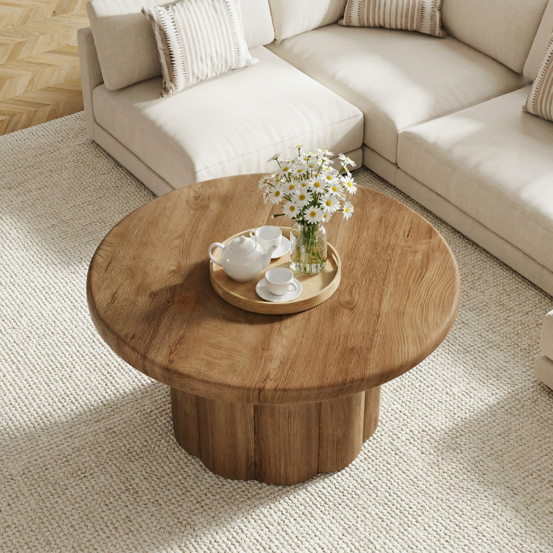 31.5" Round Coffee Table with Fluted Drum Base, Farmhouse Living Room Table for Apartments & Small Spaces