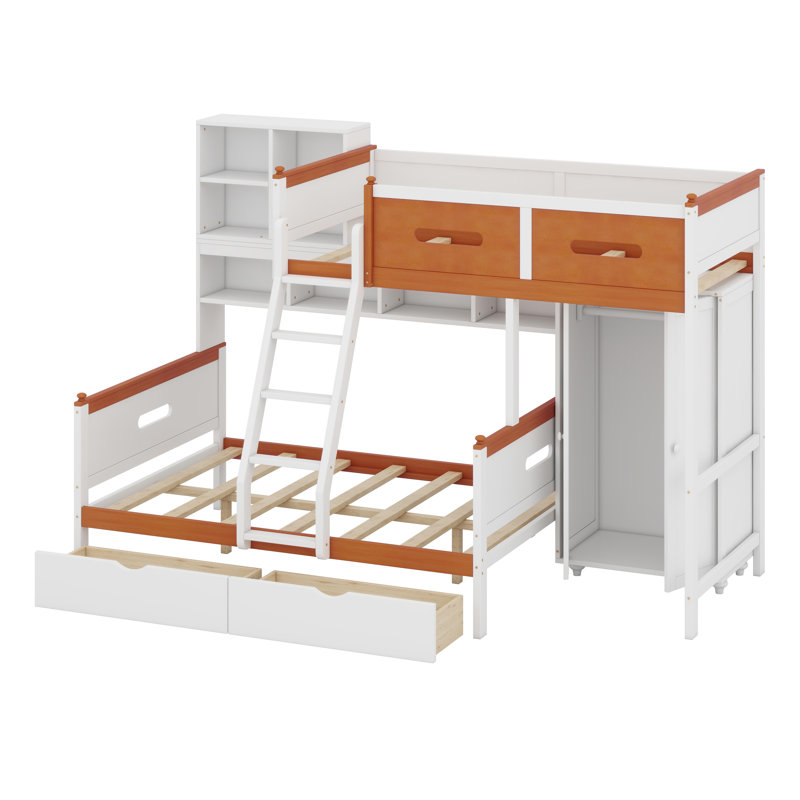 Lit superposé avec garde-robe intégrée, tiroirs de rangement, tablettes et éclairage DEL