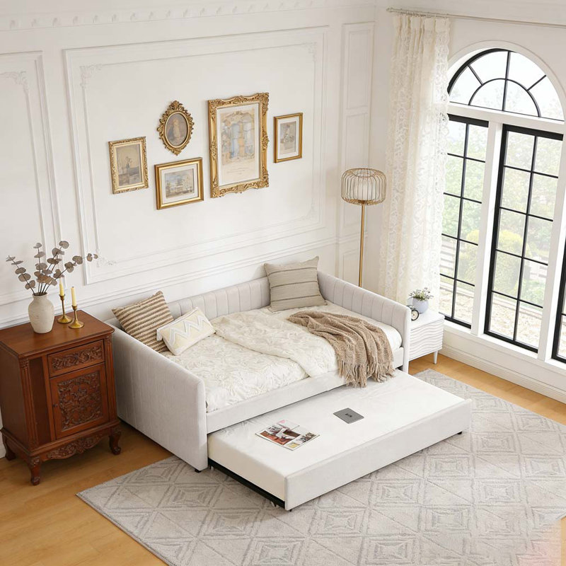 Lit de jour simple avec canapé-lit rembourré avec rayures verticales, tissu en lin, beige, Lit simple, Beige