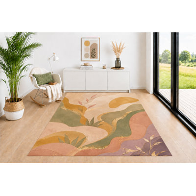 "Ultra Lightweight" 5'x7' Contemporary Area Rug, Organic Leaf and Flowing Wave Pattern in Sage Green Mustard Terracotta Beige, Neutral Floor Carpet for Living Room Bedroom Nursery Office Decor