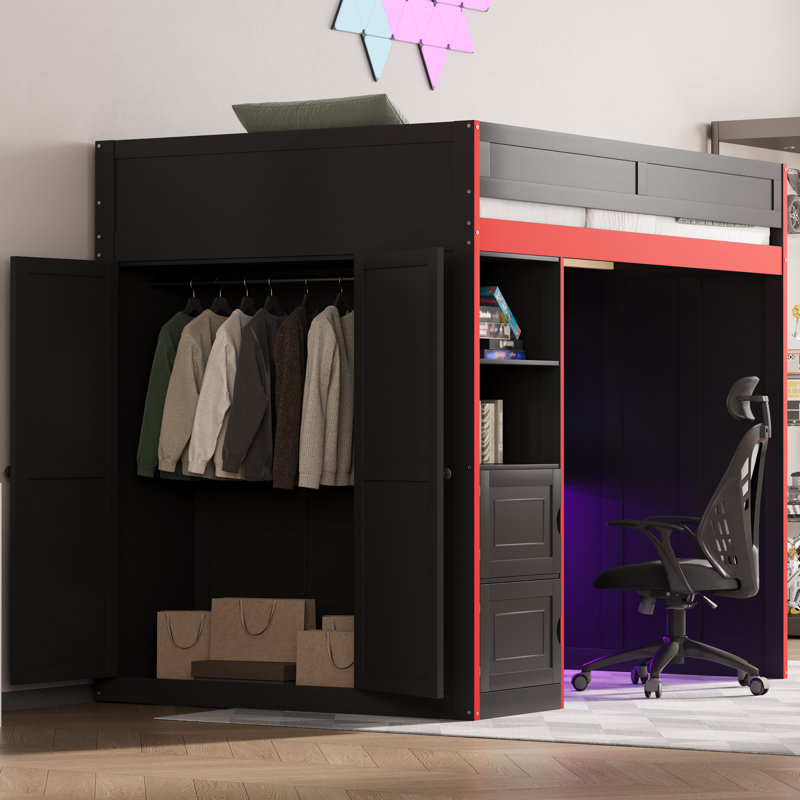  Full Size Gaming Loft Bed with Desk, Storage Locker and LED Lights, Black, Full