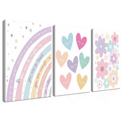 3 Pieces Nursery Boho Wall Art, Framed Cartoon Rainbow Canvas Prints, Colorful Heart Wall Decor, Cute Flower Posters Artwork, Pink Girls Room Aesthetic For Bedroom Dormitory – 12X16in
