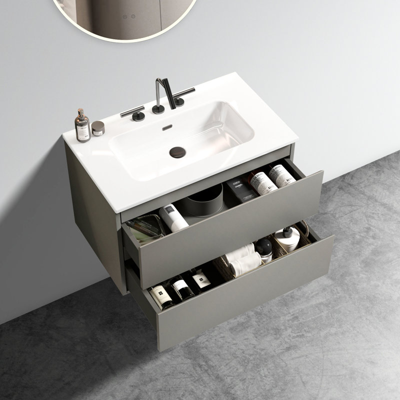 Meuble-lavabo mural de 30 po, gris cosmique, lavabo en céramique, espace de rangement élargi, montage sur évier moderne silencieux, céramique, rangement accru, fonctionnalité