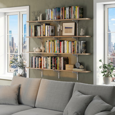 Bibliothèque flottante de 54 po de long avec supports réglables, étagère suspendue pour le mur, étagère en bois pour le salon et les fournitures de bureau, étagère murale, décor de maison de campagne et rustique, 4 niveaux, brûlé