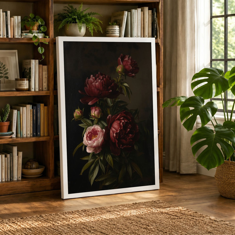 Crimson Roses and Peonies Botanical - Wrapped Canvas, 36x24 - 91.4 x 61.0 cm, White Border