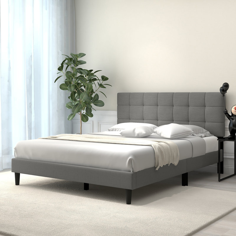 Upholstered Platform Bed, Queen, Light Gray