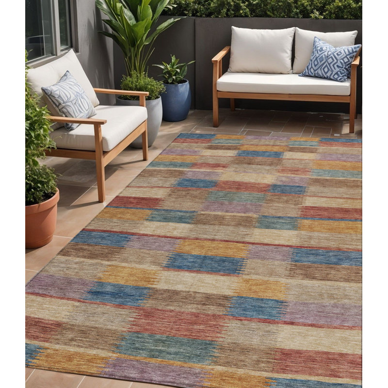 Tapis intérieur lavable à rayures bleues et dorées 5 pi x 8 pi beige
