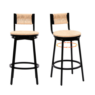 Ensemble de 2 chaises rustiques tissées à la main Rustic, siège pivotant à 360 °, structure en métal noir, siège en corde de papier pour îlot de cuisine