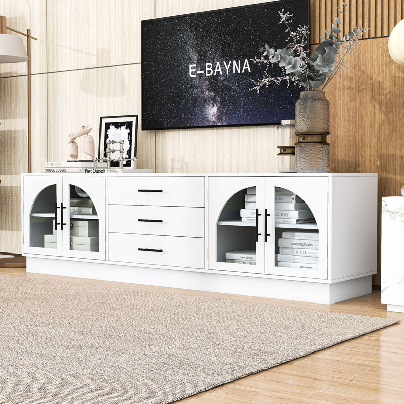 TV Stand with Arched Glass Cabinets, Adjustable Shelves, Drawers and Cable Management, White