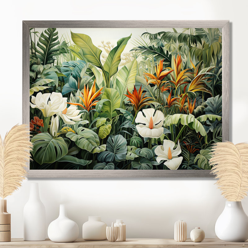Décoration murale blanche botanique contemporaine Jungle Wonders - Plantes, Cadre simple argenté, H 24 po x l 32 po x P 1 po