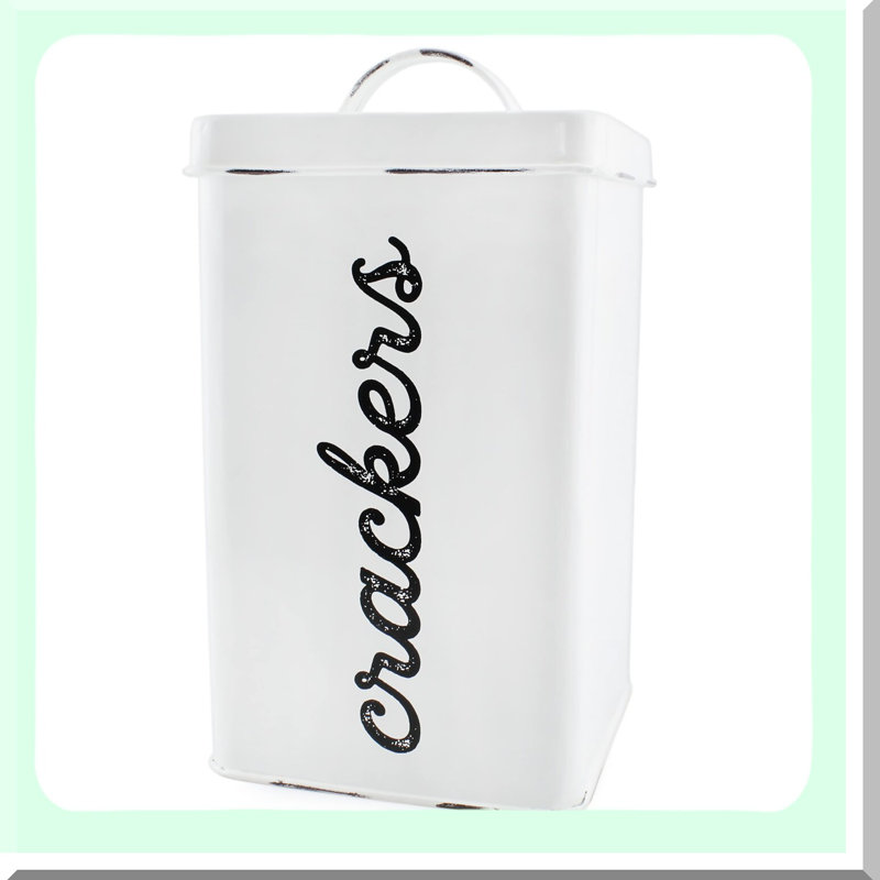 Vintage Square Enamel Cracker Tin - Rustic White Storage Canister