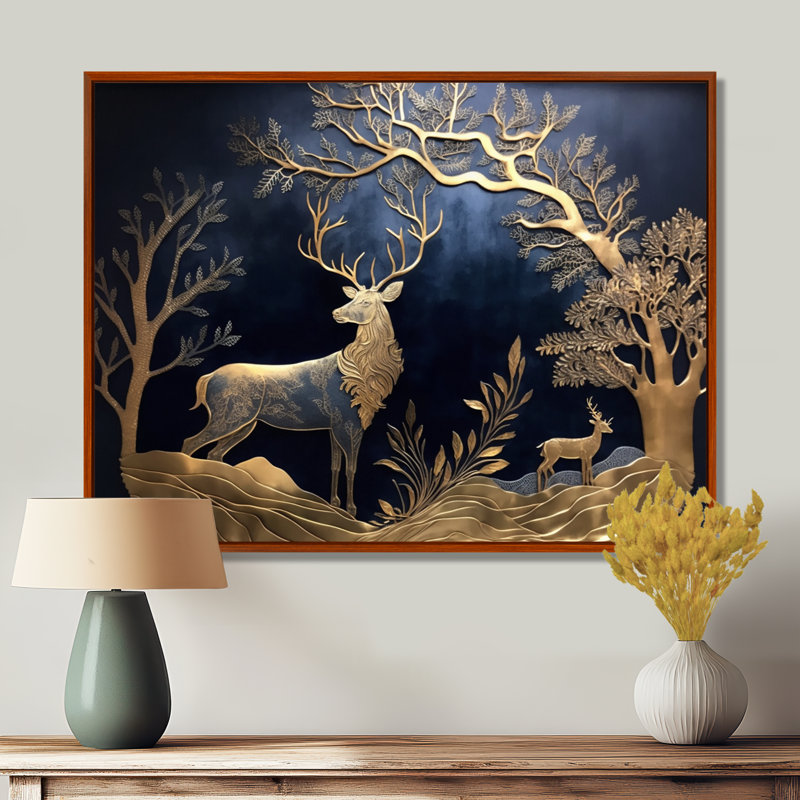 Golden Deer In Forest II, 34" H x 44" W, Brown Floater Framed