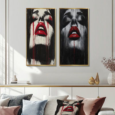 «Rouge Noir Gothic Woman Portrait I - Fashion Wall Art», ensemble de 2 pièces