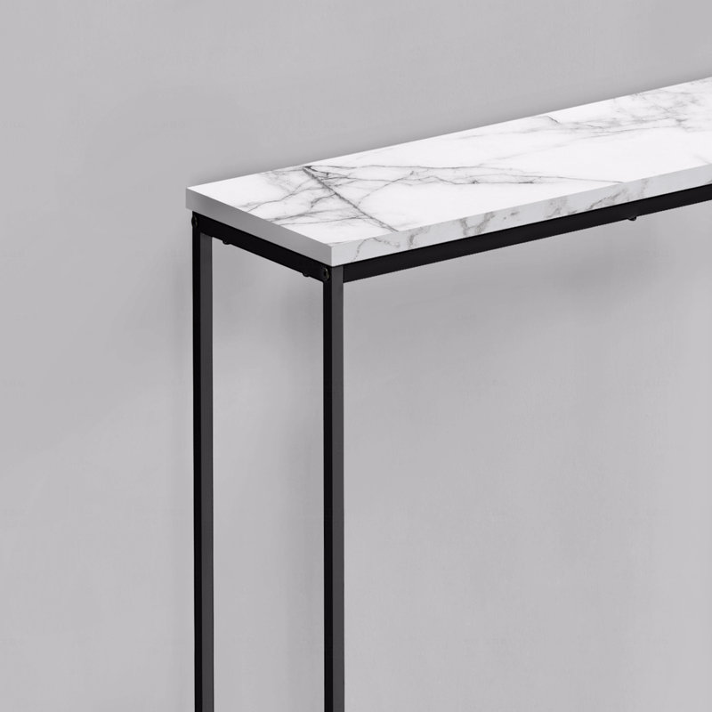 Narrow Sofa Console Table, Accent Entryway Living Room Bedroom, White Marble Look Laminate Black Metal Contemporary Modern