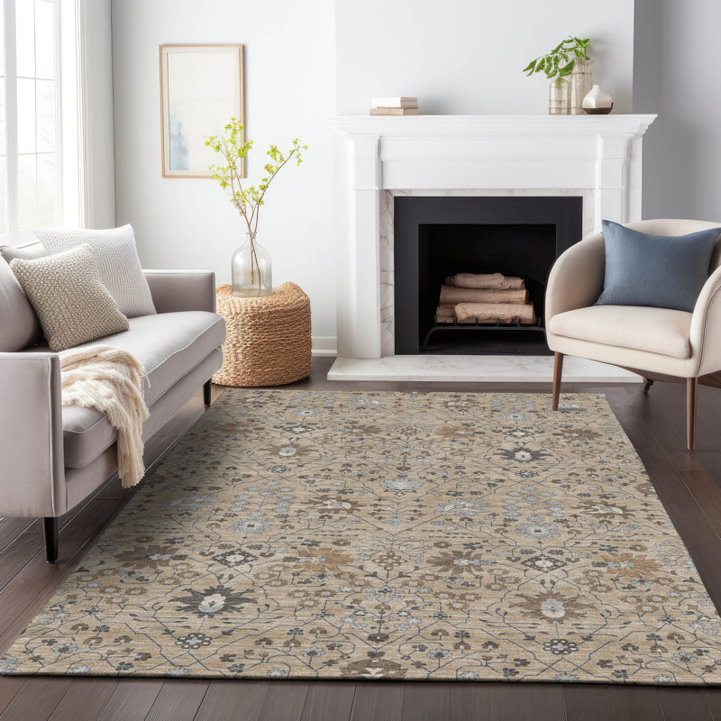 Taupe and Gray Synthetic Washable Rectangular Area Rug