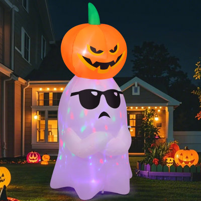 6 FT LED-Lit Halloween Inflatable Ghost with Pumpkin on Head