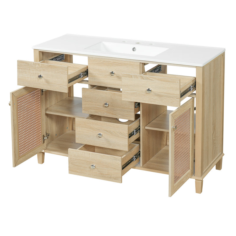 Caspian Modern Coastal Solid Wood Rattan Bathroom Vanity with 5 Drawers & Ceramic Sink