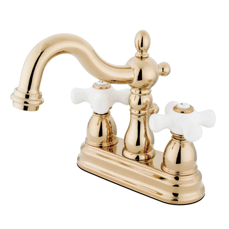 Kingston Brass Heritage Two-Handle 3-Hole Deck Mount 4" Centerset Bathroom Faucet with Plastic Pop-Up, Polished Brass