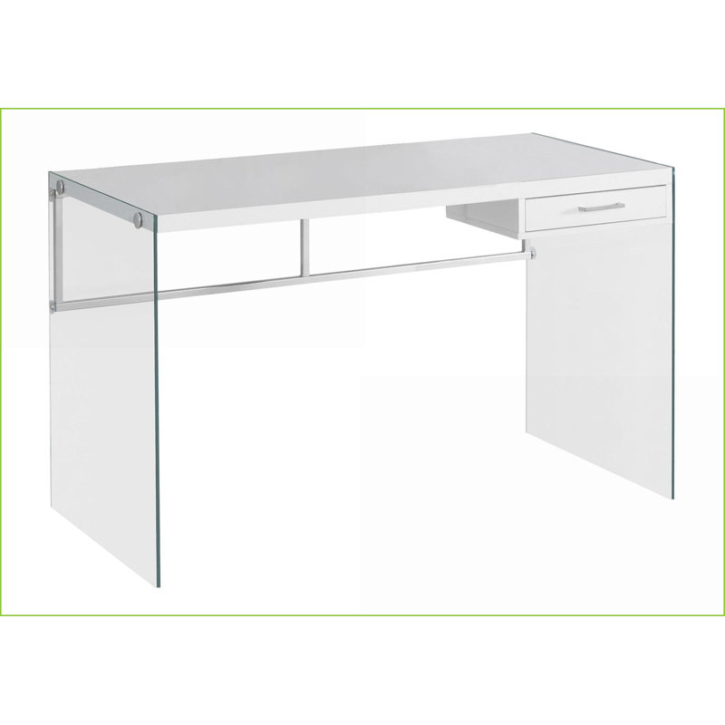 Bureaux: Bureau d'ordinateur moderne de 48 po avec tiroir de rangement, stratifié blanc brillant et verre trempé transparent | Blanc | Panneau de particules