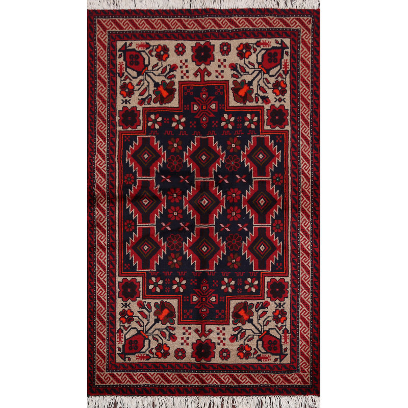 Tapis de zone en laine rouge/bleu marine 3 pi 5 po x 5 pi 11 po one-of-kind à la main-noué la new age balouch Antietam