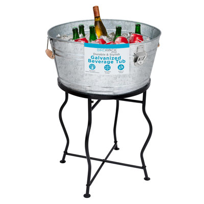 Large Beverage Tub with Stand - 21” Galvanized Ice Bucket with Wooden Handles and Built-In Bottle Opener - Drink Tub for Indoor or Outdoor Entertaining, Parties, and Events