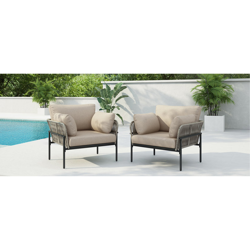[Ensemble de 2] Méridienne en fer beige avec motif en corde tissée et coussins moelleux, parfait pour la détente intérieure et extérieure