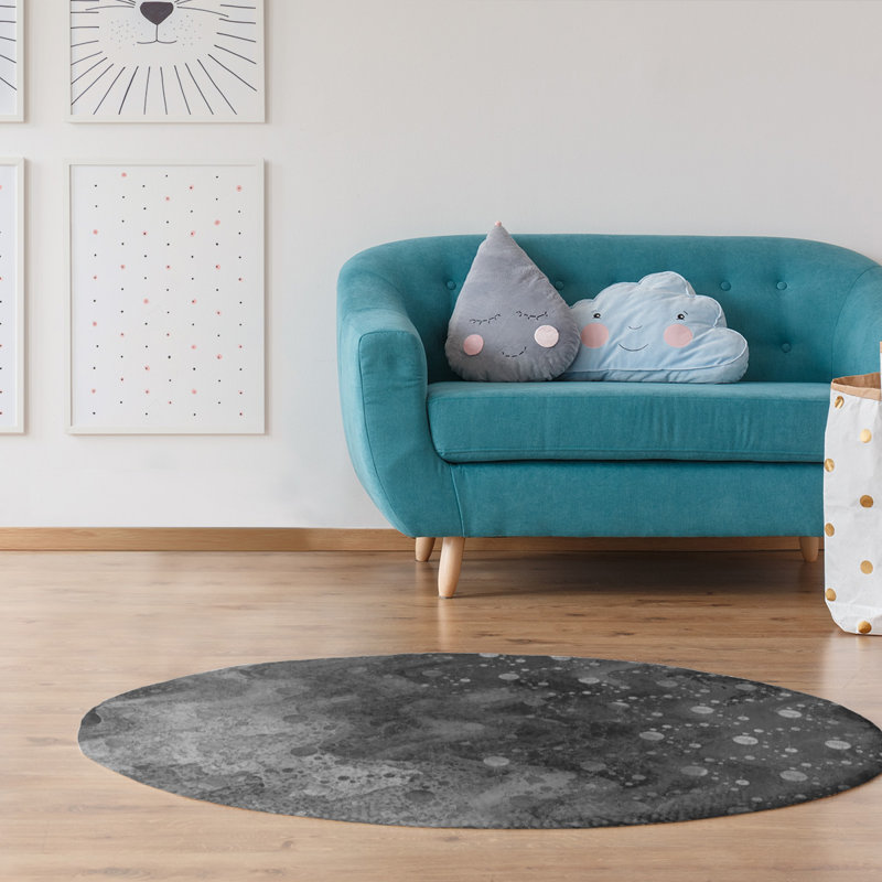 Round Galaxy-Inspired Area Rug – Planets and Stars Print in Black and Gray, Round 5'