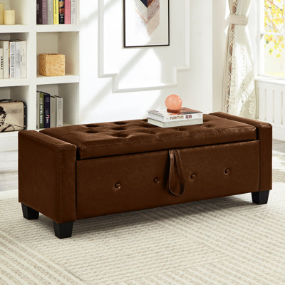 Banc de rangement rembourré en similicuir PU de 48 pouces de couleur brune pour chambre à coucher, salon, couloir, capacité de charge de 300 lb, banc avec rangement de 48 po, nettoyage de surface sans effort