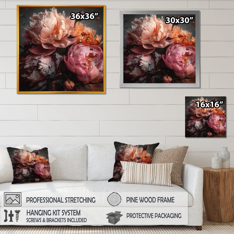 Orange rose, pivoines en fleurs - pivoines, reproduction d'art sur toile encadrée, H 16 po x l 16 po, Cadre flottant brun
